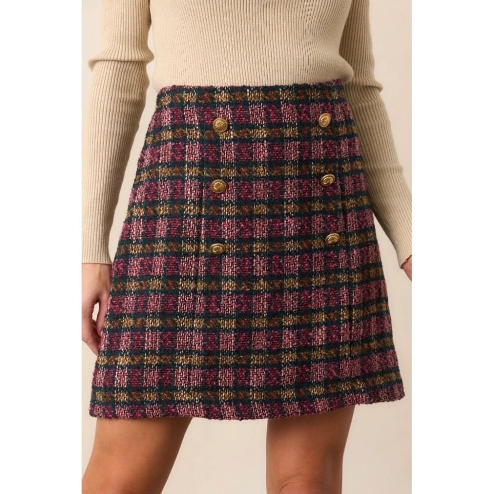 NWT Prosperina Gardner Pink Plaid Tweed Mini Skirt /‎ Size L / MSRP $168